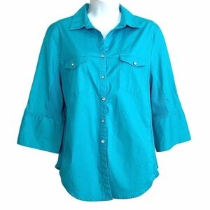 Blue Cotton Button Down Shirt Sz Large Stretch Casual Minimalist Modest